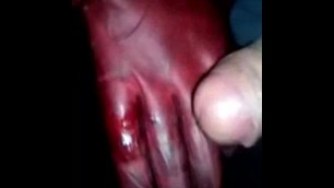 Jerking my Small Cock with Ex-wife's Red Leather Gloves ending with Cumshot