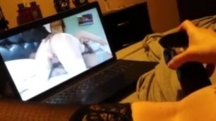 Daughter Masturbating with a Big Black Dildo while Watching Porn